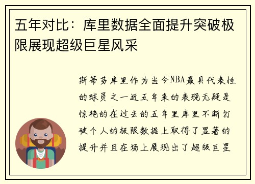 五年对比:库里数据全面提升突破极限展现超级巨星风采 五年对比:库里数据全面提升突破极限展现超级巨星风采